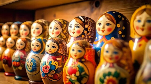 Close up of painted nested matryoshka dolls arranged on a shelf. Each doll features traditional patterns, faces, and bright colors.