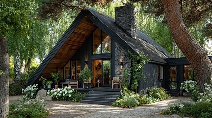 Charming A-frame house exterior with a stone chimney, dark facade, and lush landscaping surrounded by green trees and shrubs.