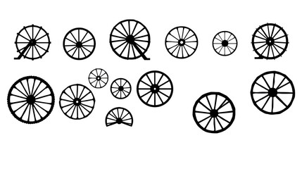 Set of Various Types of old wheels vector illustration silhouette icon, ancient wheel isolated on transparent background