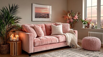 Cozy interior with a plush pink sofa, soft textures, and warm lighting, creating an inviting and stylish living space. Modern comfort.