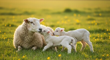 Obraz premium A mother sheep and her two adorable lambs resting together in a sunlit green field, embodying the tender bond of family on a peaceful farm.