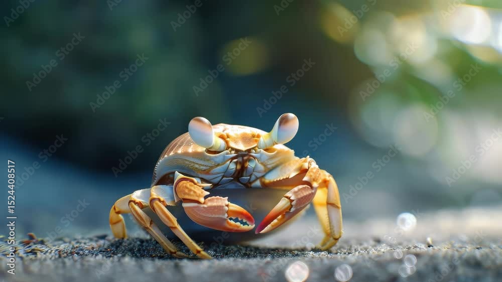 Poster close-up footage of a colorful crab on a sandy beach during daylight with a blurred background of oc