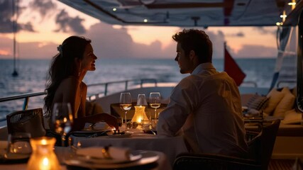 Romantic dinner at sunset on a luxury yacht near the coast with candlelit table and intimate atmosphere