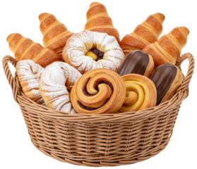 Basket with fresh croissants and bakery on transparent background, sweet breakfast