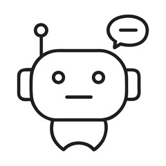 Simple line art robot icon with speech bubble and negative symbol