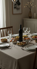 Fototapeta premium Dining table with food and wine
