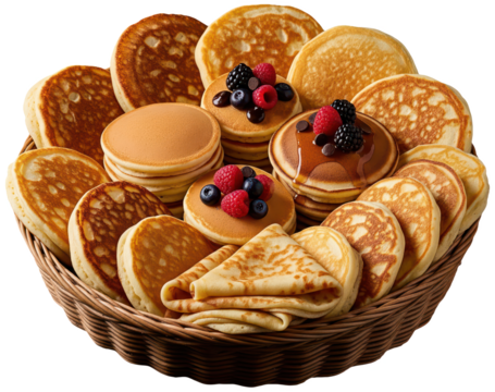 Basket with mixed pancakes for breakfast, freshly baked on transparent background