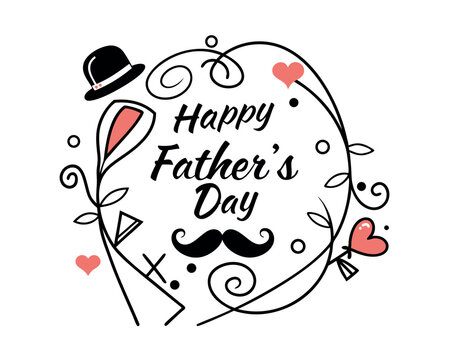 Happy Fathers Day Card Design with Hat Mustache and Hearts