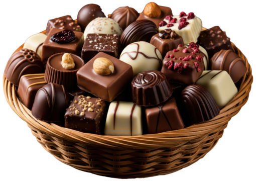 Basket with pralines , sweet food on transparent background, chocolate candies