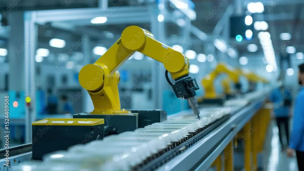 Poster innovative automation in a modern manufacturing facility showcasing robotic arms assembling products