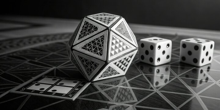 Explore the world of games: dice, dodecahedron, and dominoes in a captivating black and white still life