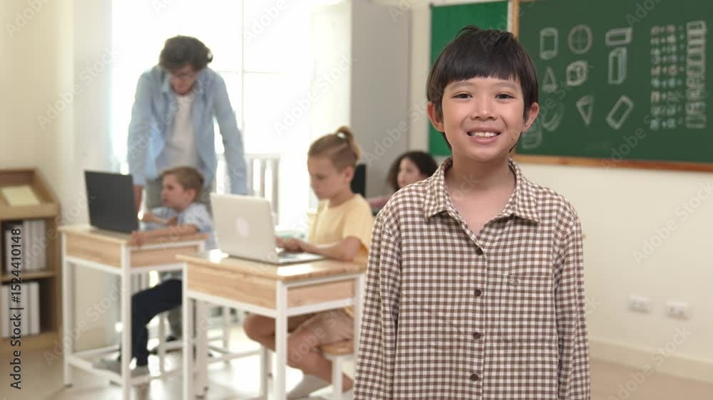 Poster skilled asian boy looking and waving hands while friend studying about writing engineering code or c