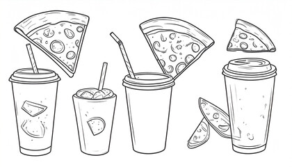 Line art depicting three disposable cups, some with pizza slices falling into them, and separate pizza slices.  The cups appear to contain beverages with ice