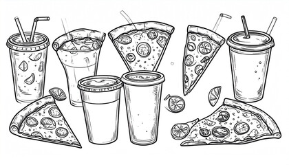 A hand-drawn illustration of pizza slices and various beverages in disposable cups, featuring detailed line art and scattered citrus slices