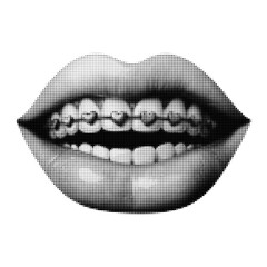 Halftone vector illustration of lips with braces in punk and gothic style, monochrome engraved artwork for retro design, tattoo flash, posters, subculture fashion and collage elements