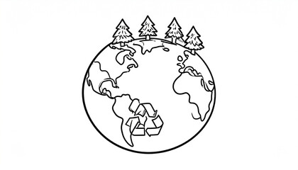 A simple line drawing depicts Earth with recycling symbols and evergreen trees atop, symbolizing environmental conservation and sustainability