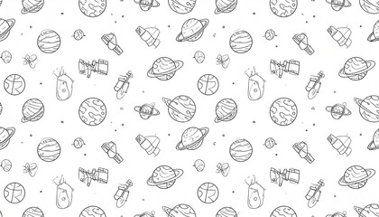 Seamless pattern of hand-drawn planets, satellites, and stars on a white background. Simple line art style
