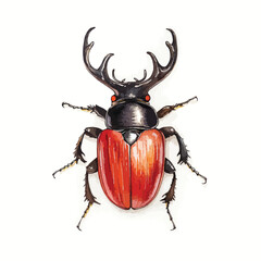 Watercolor Stag Beetle with Prominent Antlers and Red Elytra