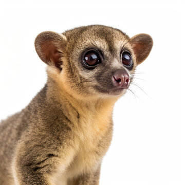 Close-up of a small, cute kinkajou with large eyes and soft fur. The animal has a light brown coat and a curious expression against a black background.