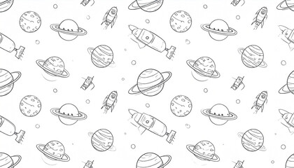 Seamless pattern of hand-drawn rockets and planets with rings, on a white background, in a simple line art style