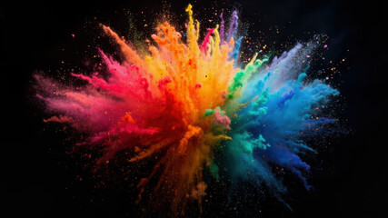 A vibrant explosion of colored powders fills the air, creating a lively and dynamic composition. The mixture of hues forms a striking contrast against a dark backdrop, capturing attention