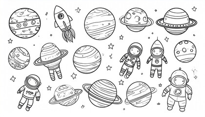 A whimsical collection of hand-drawn planets, astronauts, rockets, and stars, rendered in simple black outlines against a white background