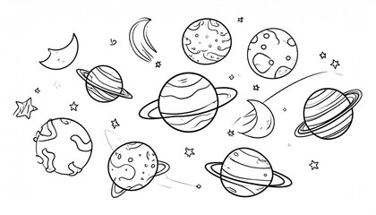 A whimsical hand-drawn illustration of planets, moons, and stars, featuring various sizes and ringed planets, set against a white background