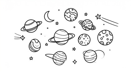 A whimsical, hand-drawn illustration featuring various planets, moons, stars, and shooting stars in outer space, rendered in simple black outlines against a white background