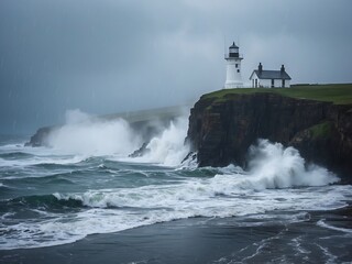 Dramatic Coastal Lighthouse Rugged Cliffs, Powerful Waves Crashing