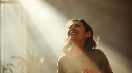 Joyful woman smiling under sun rays in serene indoor atmosphere