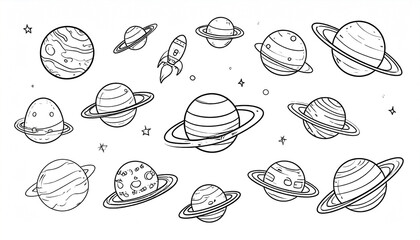 A whimsical collection of line-drawn planets, some with rings, a rocket, and scattered stars, creating a playful outer space scene