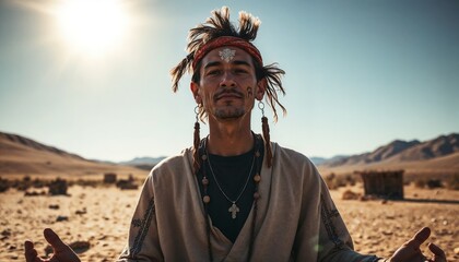 Indigenous man expressing spirituality in desert landscape under sun