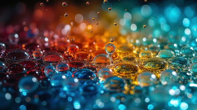 Glossy, multicolored water drops sit on an abstract, colorful background, blending vibrant colors with a futuristic touch.