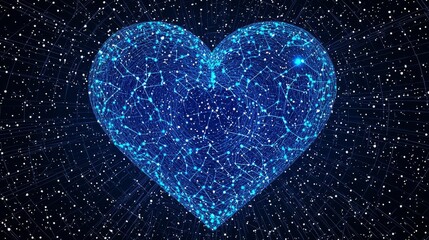 A glowing blue digital heart shape against a starry backdrop, symbolizing love and connection in the universe.