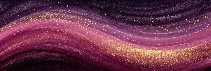 Abstract watercolor illustration featuring flowing waves of purple, pink, and gold hues, creating a vibrant and dynamic visual experience with a sense of movement and elegance