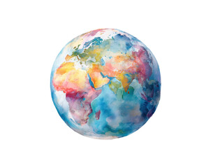 Colorful watercolor globe illustrating world map details, cut out transparent 