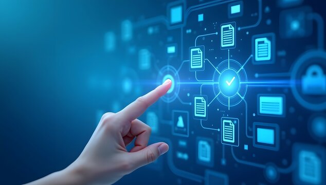 hand pushing button on touch screen interface