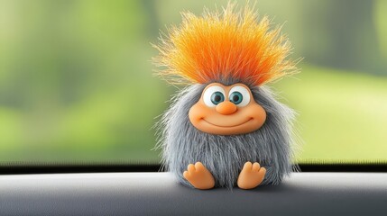 Fototapeta premium A playful, fuzzy toy with vibrant colors smiling happily on a car dashboard, bringing joy to the journey.
