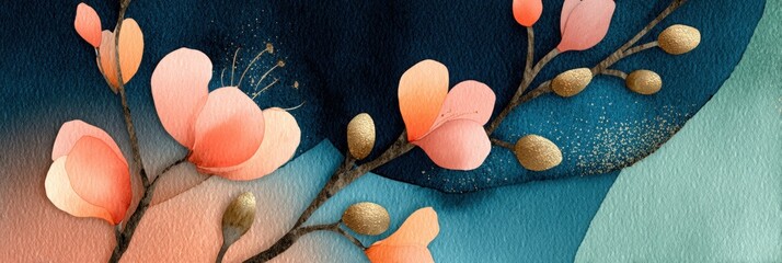 Beautiful watercolor illustration of delicate pink flowers with golden accents on a blue and green textured background, showcasing nature's elegance and artistic expression