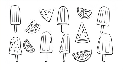 Hand-drawn line art of popsicles and fruit slices, including watermelon and orange, scattered across a white background