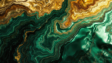 Bright bands of deep green and shimmering gold intertwine to create an abstract view of a mineral surface, showcasing natural beauty and intricate patterns formed over time