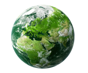 Green earth globe showcasing dense forests and landmass details, cut out transparent 