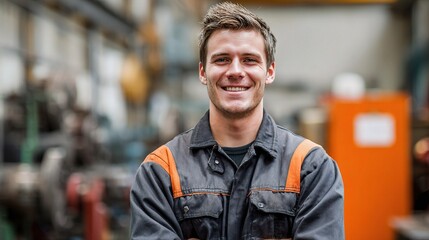 Obraz premium Young Handsome Man Posing in Factory as a Worker in Uniform