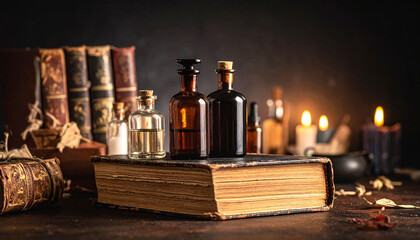 Antique glass bottles containing liquids rest on a thick, aged book, flanked by aged tomes and flickering candlelight, suggesting an apothecary or mystical setting