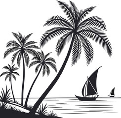 Tropical beach sunset with palm tree silhouettes