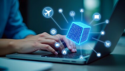 Digital Connectivity: A close-up captures hands skillfully navigating a modern laptop, while a digital cube with glowing interconnected icons signifies seamless global connectivity.