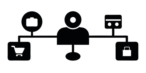 This vector icon set depicts business people working on computers at office desks, illustrating concepts of technology and work