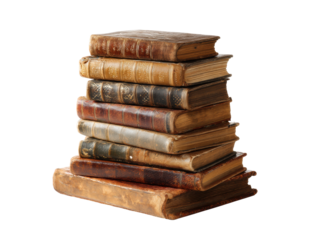 Vintage leather bound books stacked for reading and display, cut out transparent 