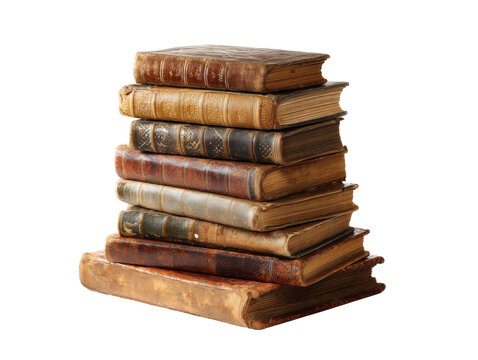 Vintage leather bound books stacked for reading and display, cut out transparent - Powered by Adobe