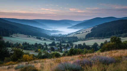 Obraz premium Mountain sunrise in calm nature, a moment of peace and serenity 